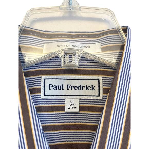 Paul Fredrick Button Up Shirt Men Size Large Tall‎ Brown Blue Stripe 100% Cotton - Picture 4 of 6